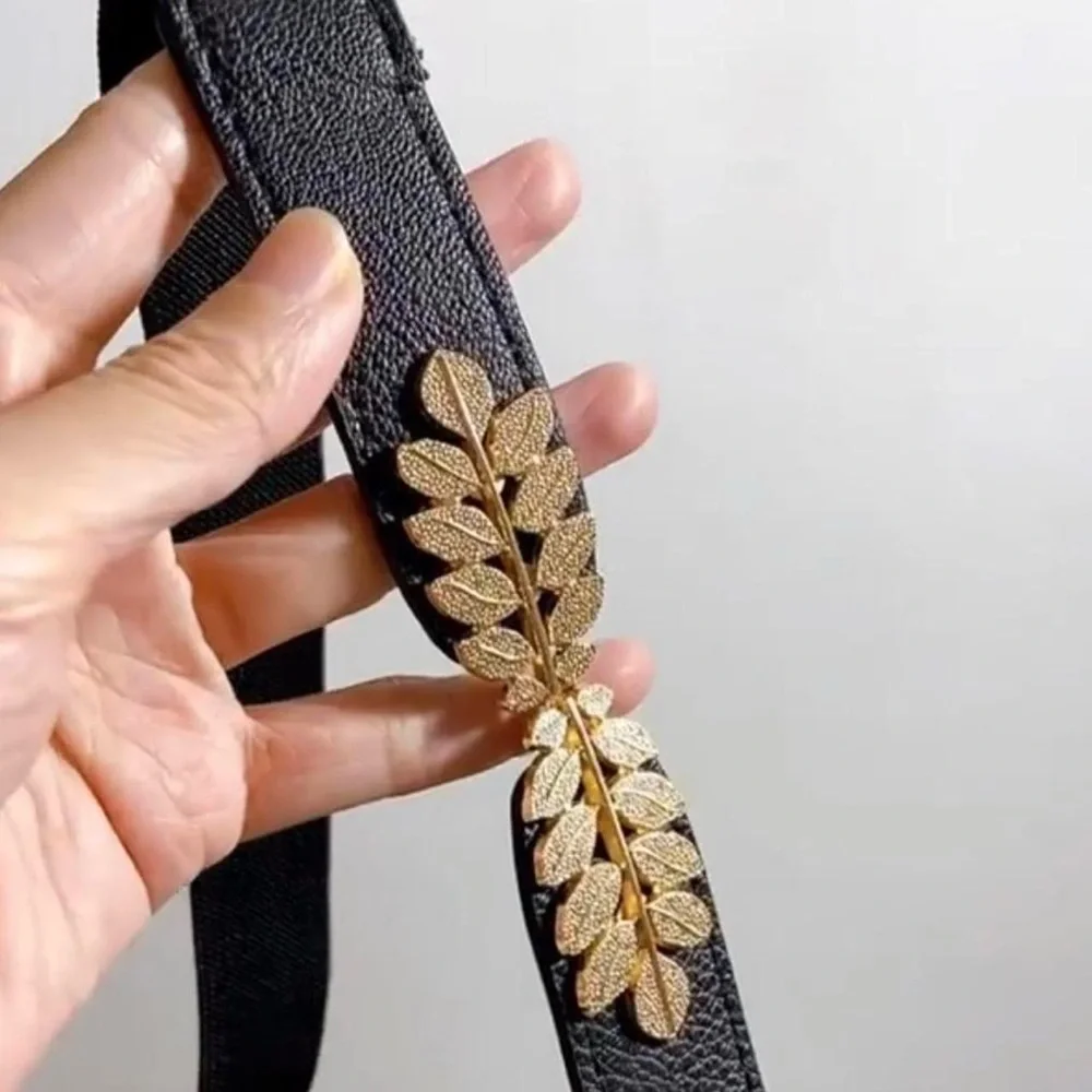 Black Elegant Gold Leaf‎ Buckle Elastic Casual Belt Adjustable One-Size